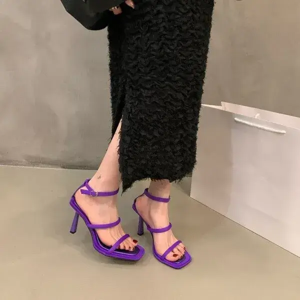 Birlagadget Women Fashion Sexy Simple Strap Square Toe Heeled Sandals