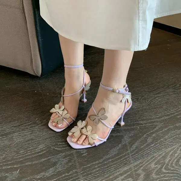 Birlagadget Summer Women Fashion Sexy Butterfly Square Toe Heeled Sandals