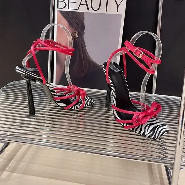 Birlagadget Women Fashion Casual Lace-Up Bow Color Blocking Stiletto Heel Sandals
